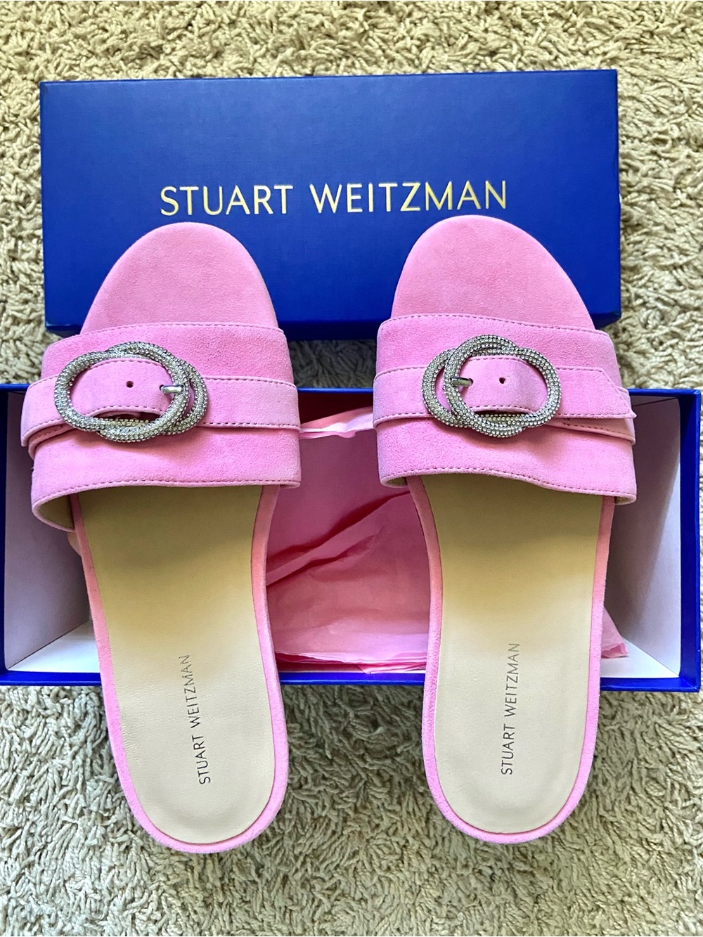 Stuart Weitzman Crystal Buckle Suede Slides 6.5 Pink
